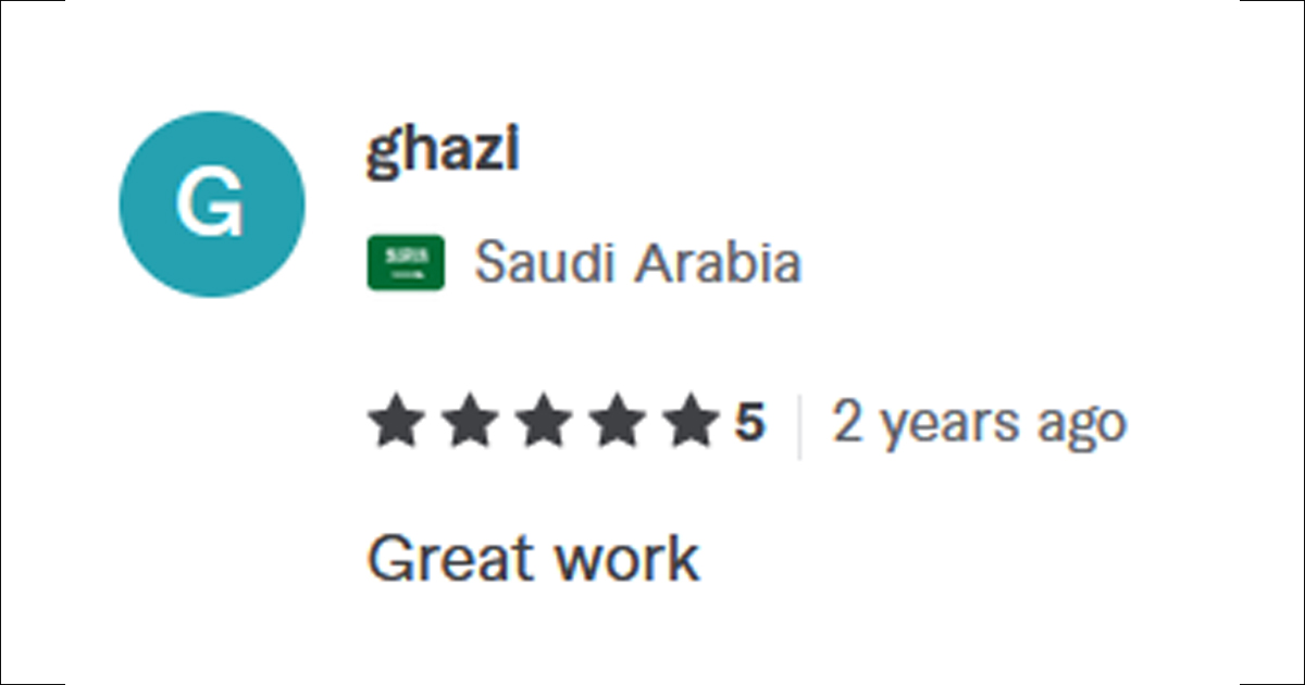 Review from ghazi (Saudi Arabia): "Great work"