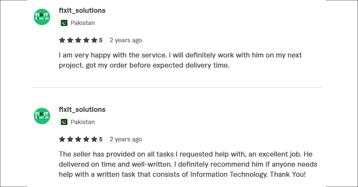 Reviews from fixit_solutions (Pakistan): "I am very happy with the service..." and "The seller has provided on all tasks I requested help with, an excellent job..."