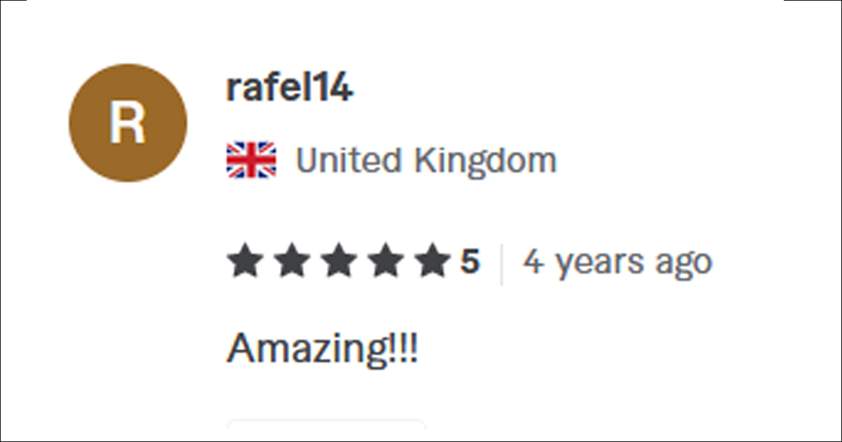 Review from rafel14 (United Kingdom): "Amazing!!!"